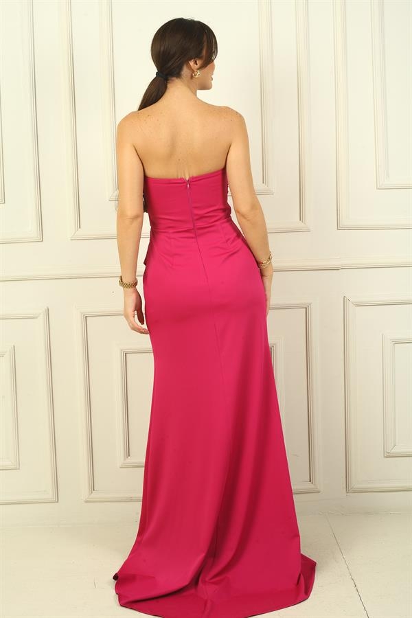 Kadın Straplez Ön Roba Büzgü Etek Kruvaze Yırtmaçlı Elbise