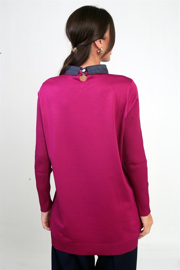 Chemisier tunique en maille à col chemise orné de pierres pour femme