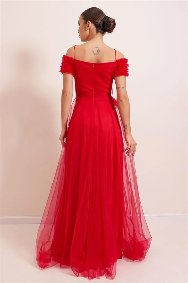 Straped Madonna Collar Front Slit Lined Tulle Long Dress