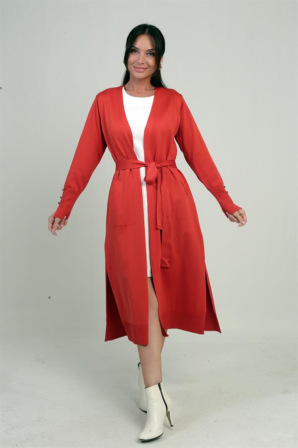 Gilet long pour femme avec manches boutonnées, poches et fentes latérales