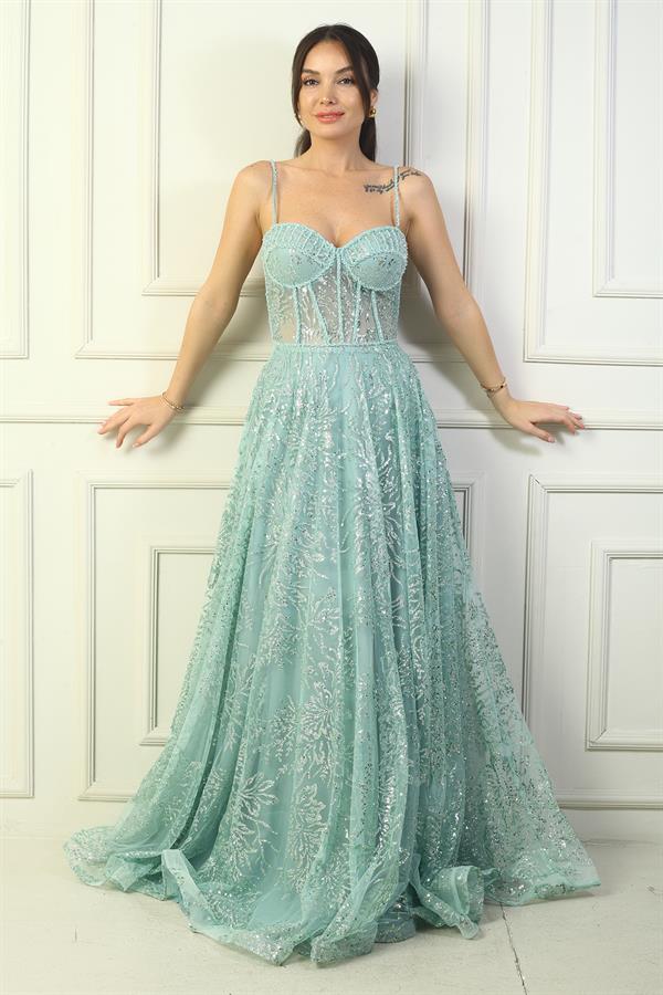 Kadın İp Askılı Boncuk Detaylı Pul İşlemeli Astarlı Uzun Abiye Elbise