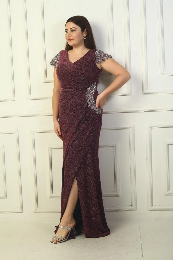 Ön Arka V Yaka Kol Ve Bel Taş Detaylı Astarlı Drapeli Simli Büyük Beden Likralı Uzun Elbise