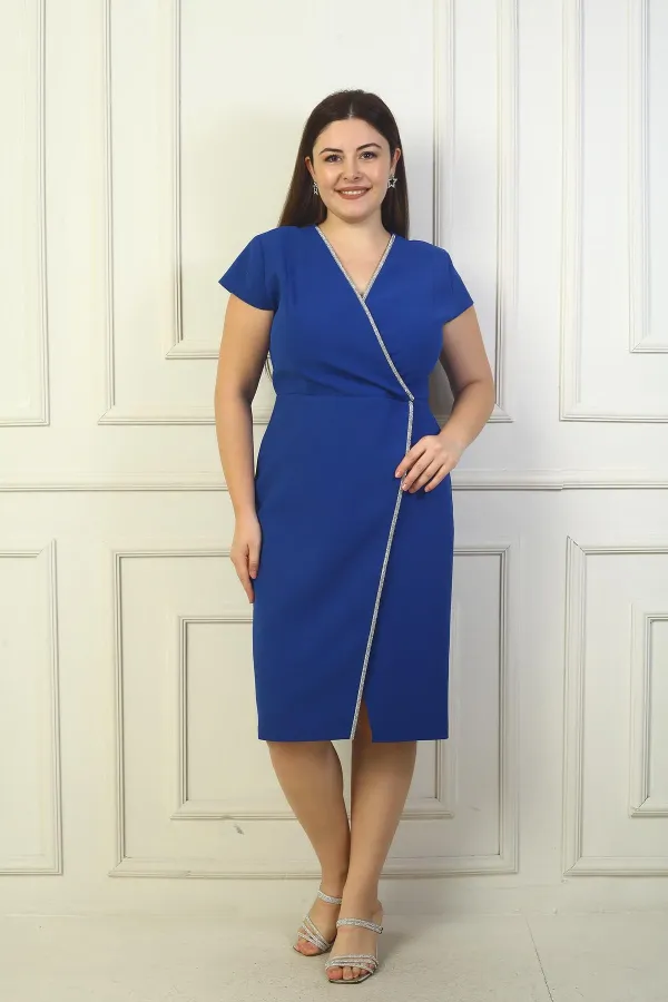 Women's Wrap Neck Half-Moon Sleeve Embellished Front Slit BB Dress