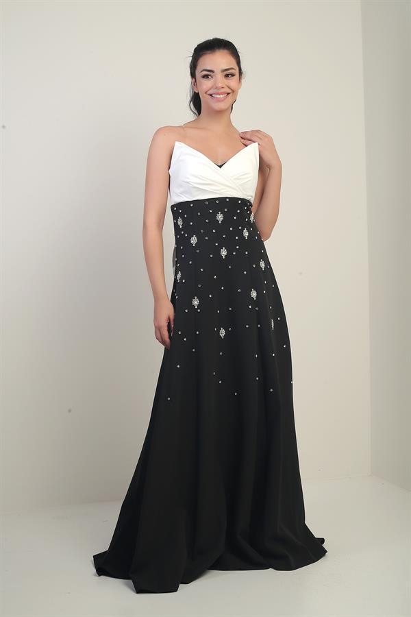 Robe longue évasée sans bretelles en taffetas pour femme avec double épissure de pierre