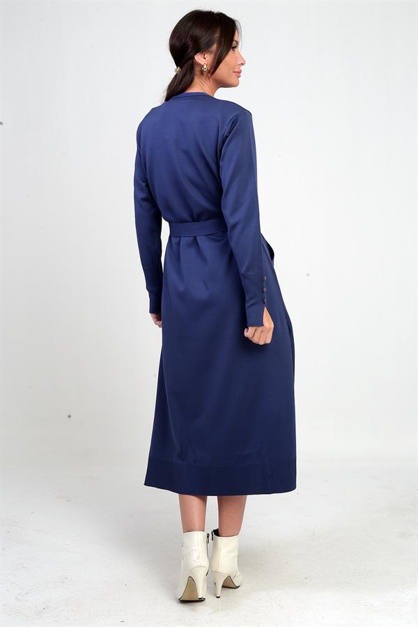 Women's Long Cardigan with Button Detailed Sleeves, Pockets and Side Slits