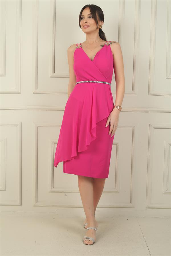 Kadın Çift İp Askılı Üstü Şifon Kemerli Kısa Krep Elbise