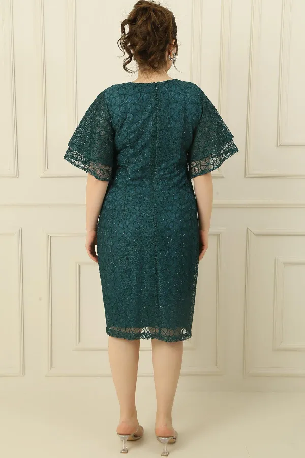 Short Sleeve Flounce Lined Plus Size Glittery Lace Dress