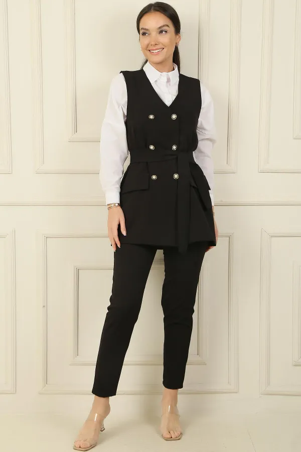 6-Button Vest with Faux Pockets and Belt, Elastic Waist Slim-Fit Trousers - 2-Piece Set