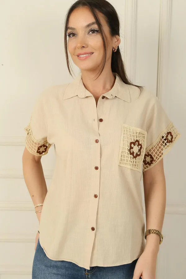 Tek Cepli Örgü Detaylı Keten Gömlek