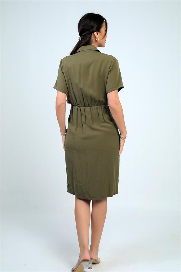 Robe courte en lyocell doublée, doublée, avec poche à nouer sur le devant et boutons sur le devant, pour femme