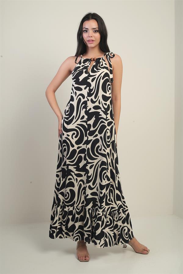 Women's Long Dress with Collar Accessory, Side Lace-up, Pockets, and Mixed Pattern.
