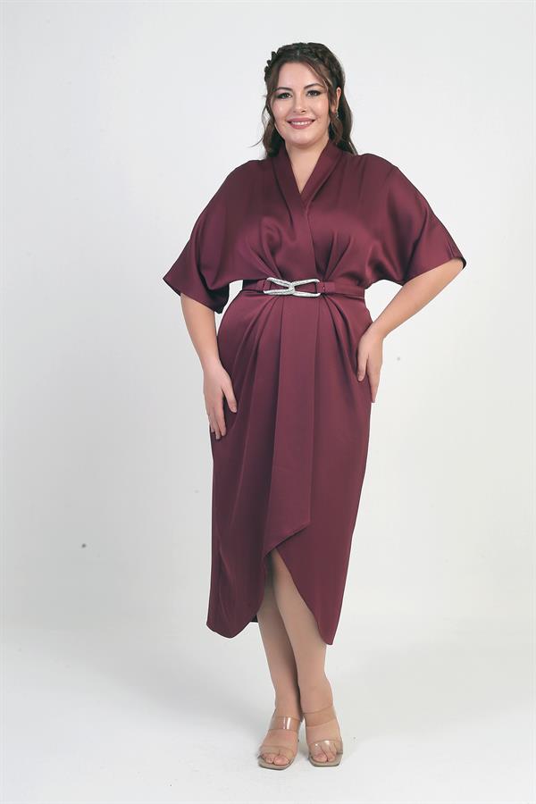 Women's Wrap Neck Short Batwing Sleeve Double Pleated Crepe Satin Plus Size Midi Designer Dress