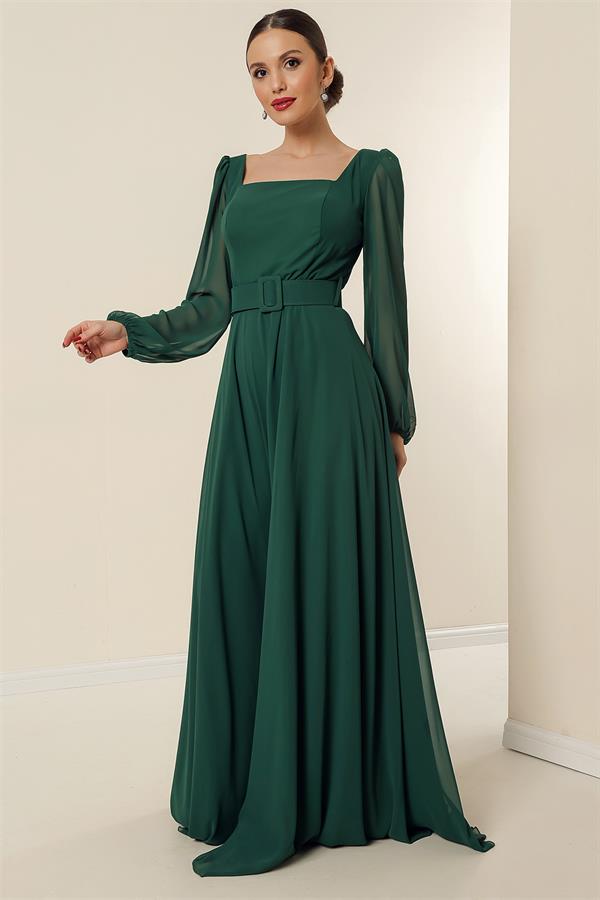 Kare Yaka Beli Kemerli Astarlı Şifon Uzun Abiye