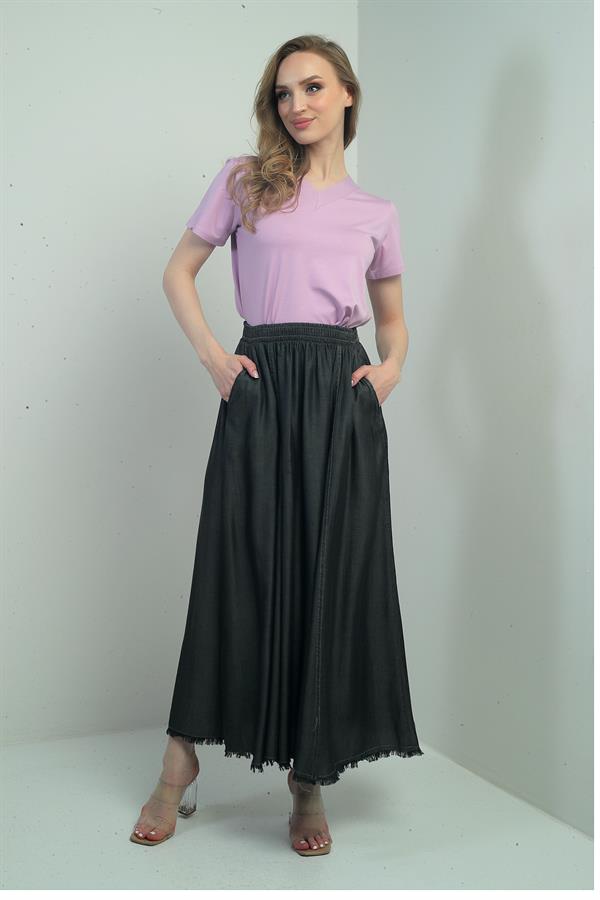 Women's Elastic Waist, Side Pockets, Fringed Hem, Slim Denim Long Skirt