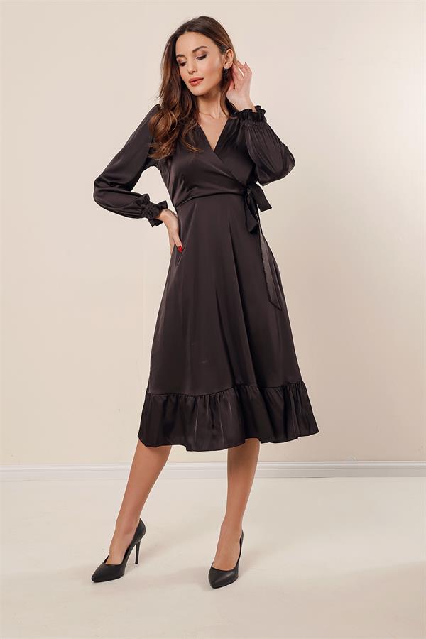 Wrap Neck, Drawstring Waist, Lined Satin Dress