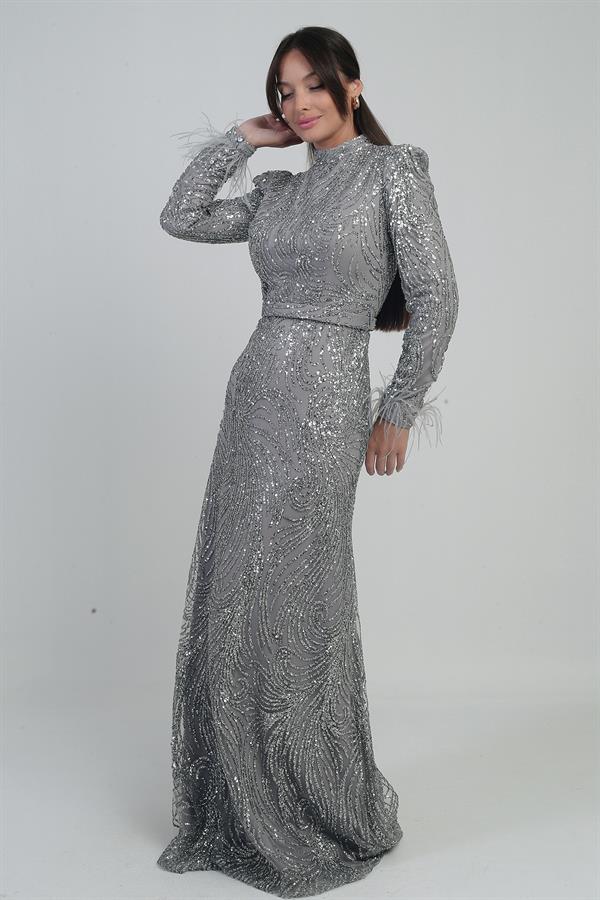 Robe longue en tulle pour femme avec manches à plumes, perles et sequins, et doublure