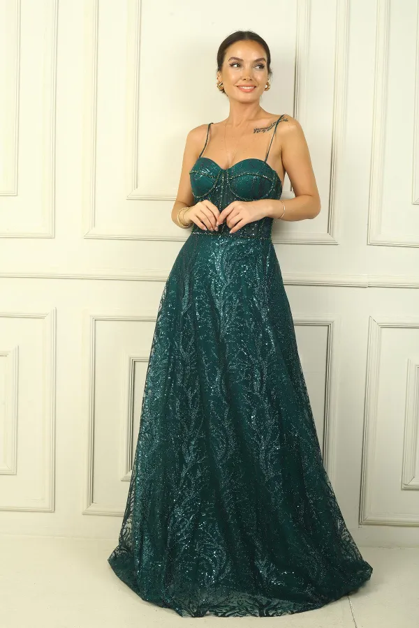 İp Askılı Boncuk Detaylı Astarlı Pul Ve Simli Balenli Uzun Elbise