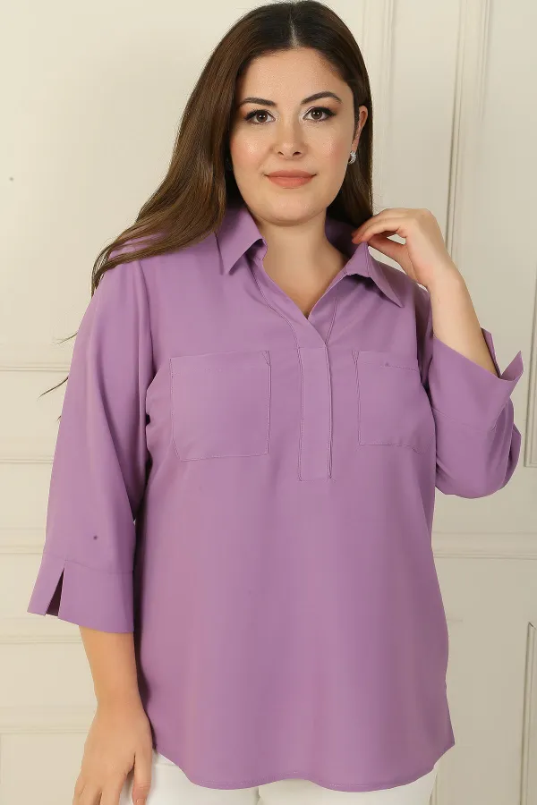 Polo Collar Pocket Quarter Sleeve BB Blouse