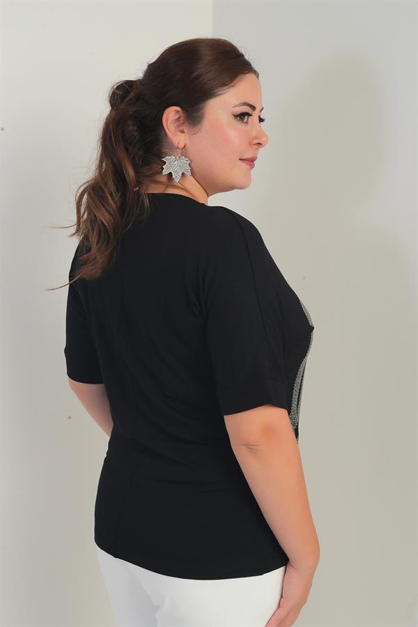 Women's Short Batwing Sleeve Plus Size Blouse with Stone Details and Rose Pattern, Lycra