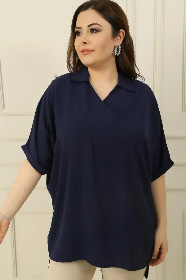 Double Breasted Polo Collar Short Sleeve Ayrobin Plus Size Blouse