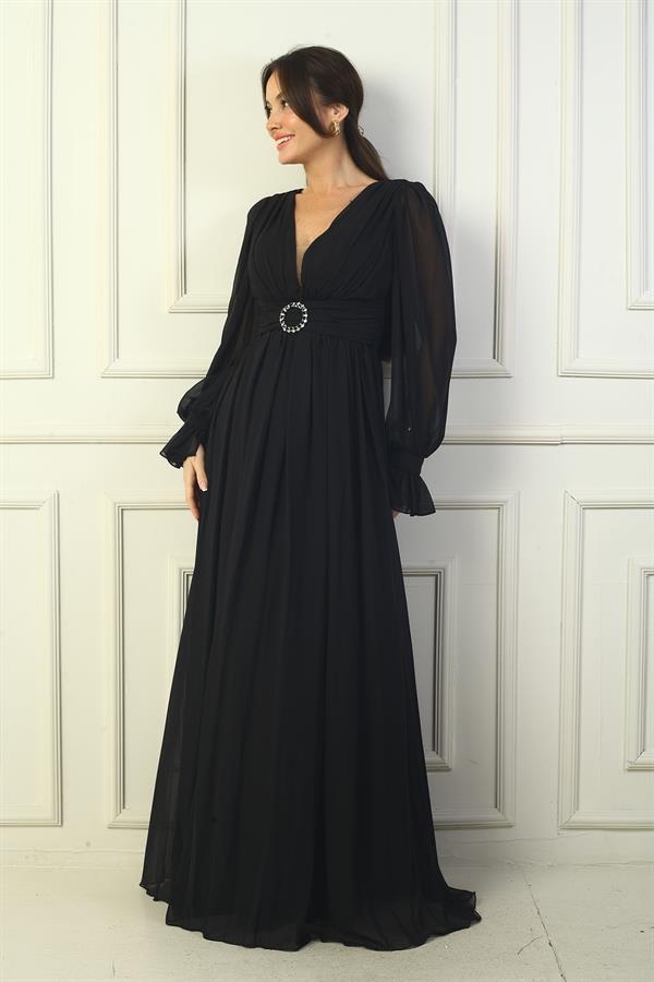 Robe de soirée longue en mousseline doublée, col en V et ceinture à boucle pour femme