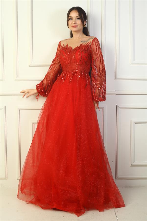 Kadın Pul Detaylı Arkası Bağcıklı Astarlı Simli Uzun Abiye Elbise