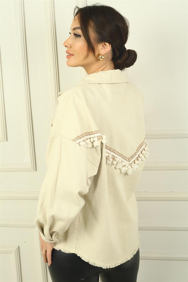 Kadın Arkası Etnik Şeritli Püsküllü Önü Metal Düğmeli Tek Cepli Gömlek