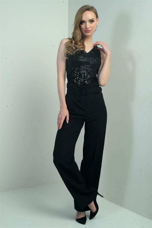 Kadın Yanları Pul Şeritli Beli Kemerli Bol Paça Pantolon