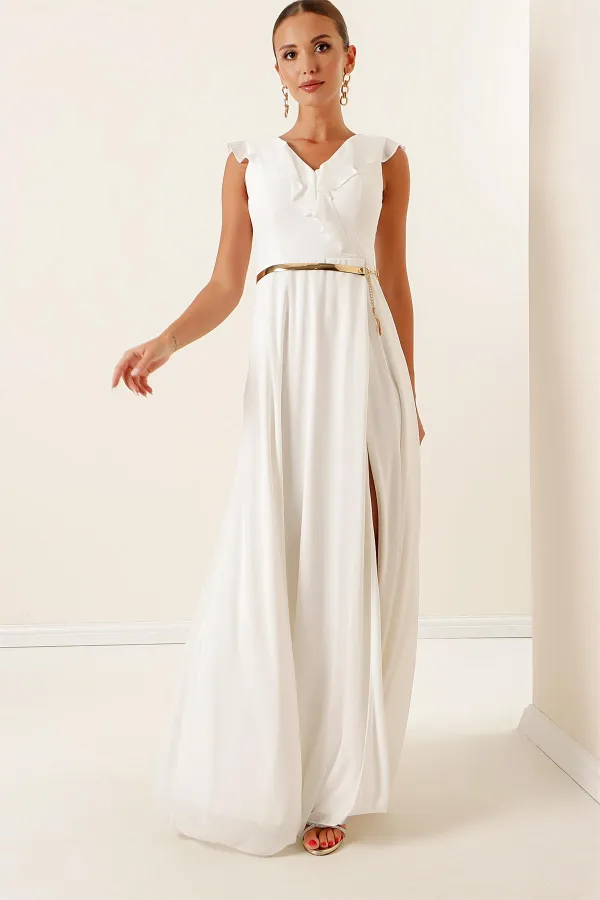 Chiffon Slit Long Dress with Flounce Collar and Belt