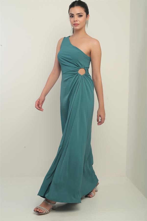 Kadın Tek Omuz Yan Pencere Detaylı Uzun Krep Saten Elbise