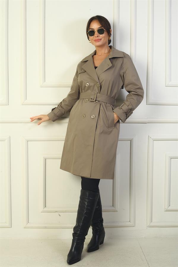 Women's Trench Coat with Belted Waist and Sleeves, Button-Front and Pockets