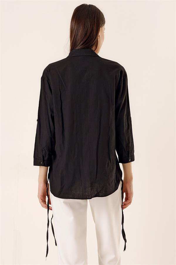 Shirt with Buttoned Sleeves, Single Pocket, and Lace-Up Sides
