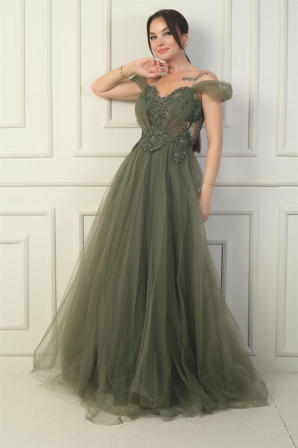 Kadın Ön Arka V Yaka Astarlı Düşük Kollu Üstü Aplike İşleme Prenses Abiye Elbise