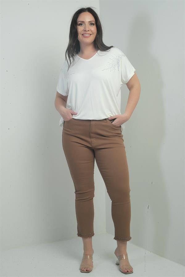 Kadın Dar Paça Şerit Taş Detaylı Likralı Büyük Beden Kanvas Pantolon