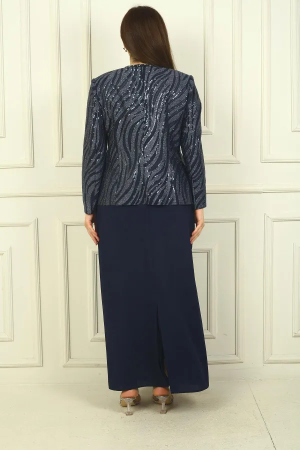 Ensemble 3 pièces grande taille pour femme : veste à sequins, chemisier à manches courtes, jupe longue doublée en crêpe