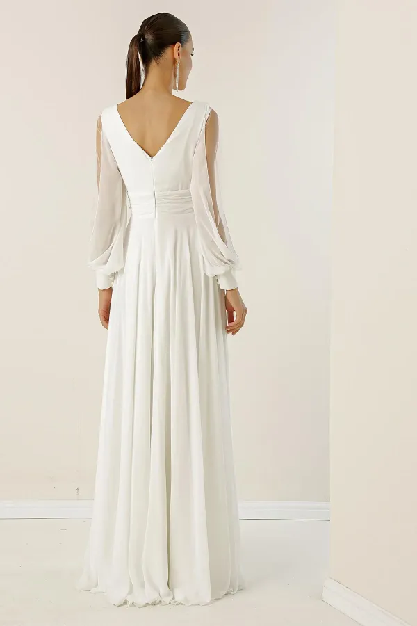 Front Back V Neck Draped Front Sleeves Tulle Lined Wide Body Long Chiffon Dress