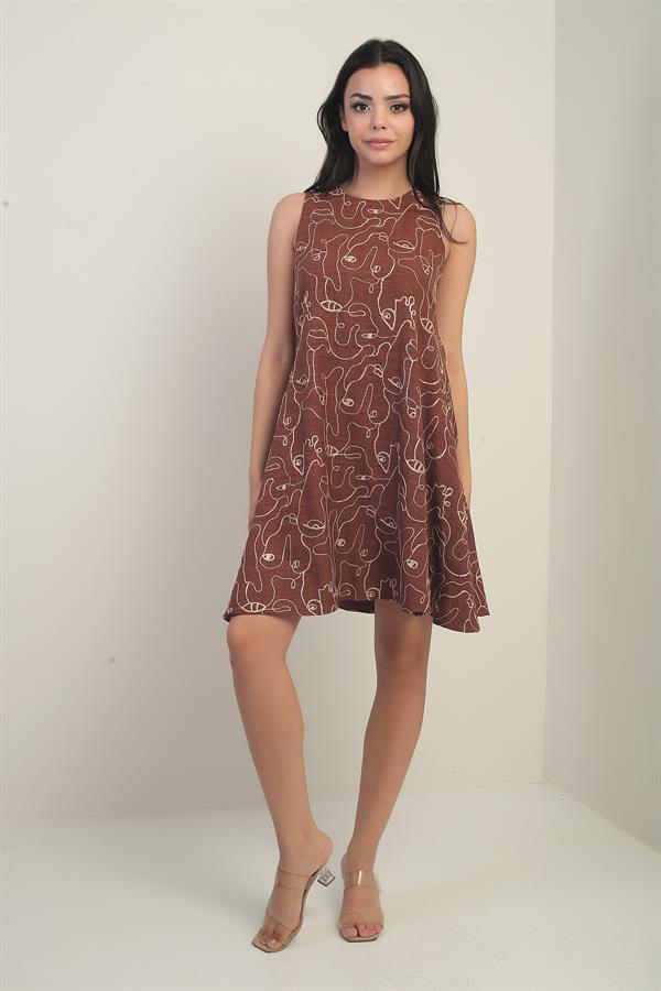 Kadın Yuvarlak Yaka Kordeneli Kolsuz Kısa Elbise