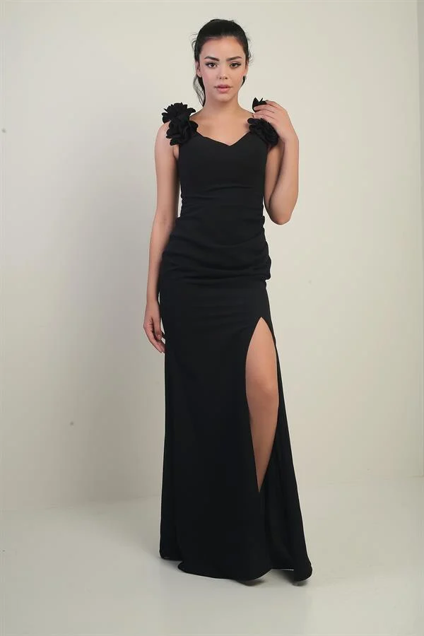 Women's Madonna Collar Floral Detailed Front Draped Long Dress