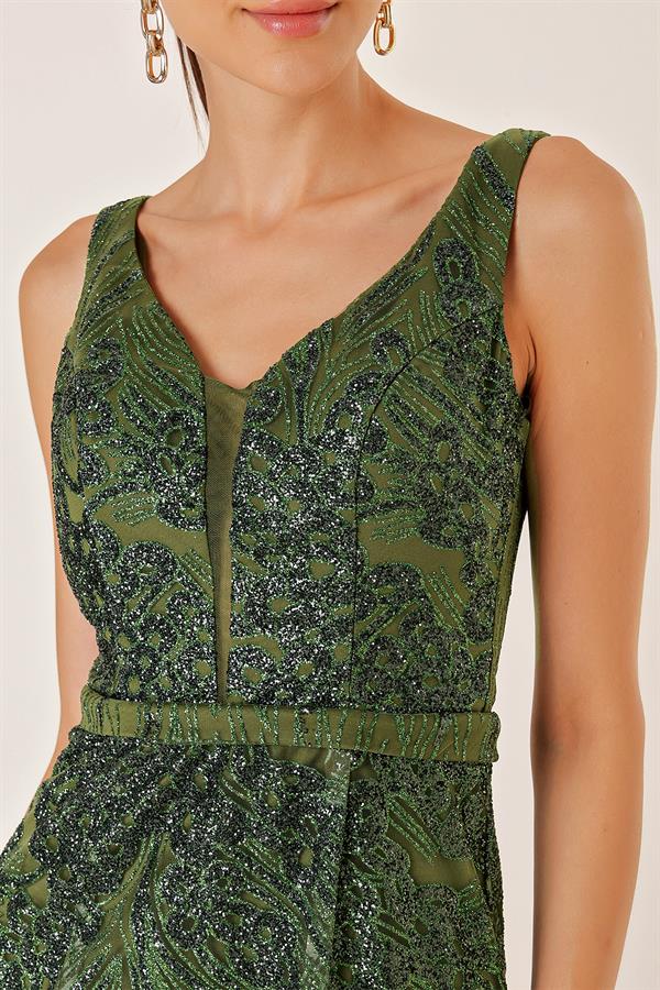 Thick Strapped Ghost Tulle Lined Glittery Long Dress