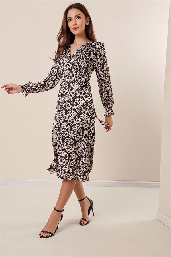 Wrap Neckline Pleated Dress with Drawstring Waist, Lined, Patterned Satin Dress