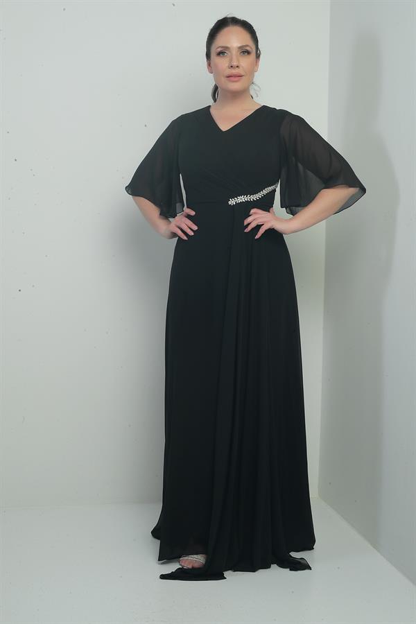 Kadın V Yaka Beli Taşlı Drapeli Astarlı Büyük Beden Uzun Şifon Elbise