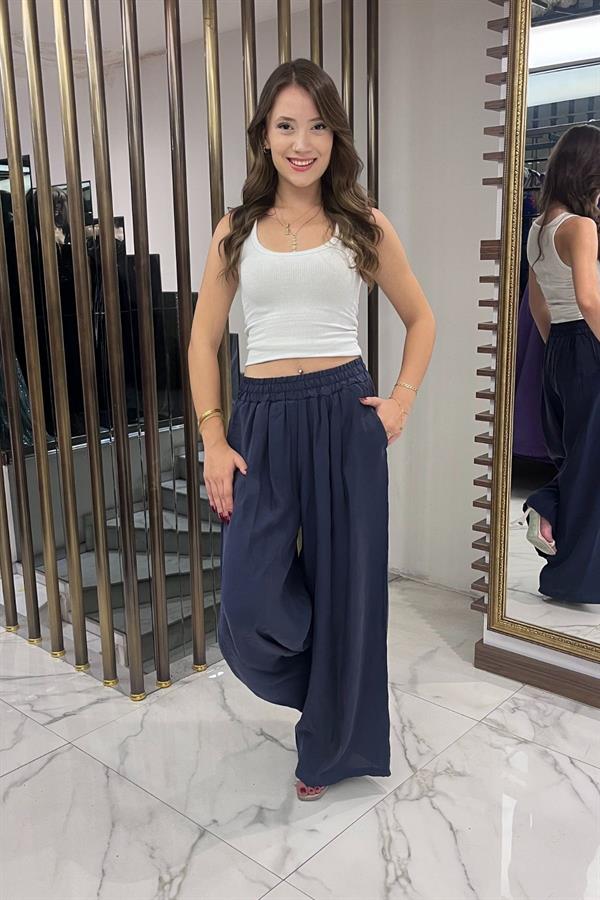 Kadın Beli Lastikli Cepli Lyocell Palazzo Pantolon