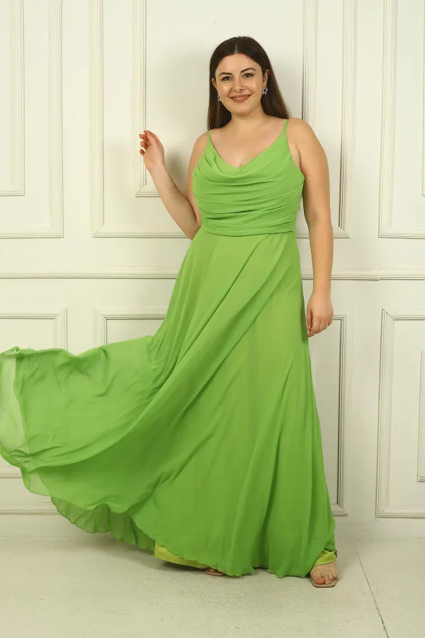Women's Strappy, Draped Front, Lined Plus Size Long Chiffon Dress