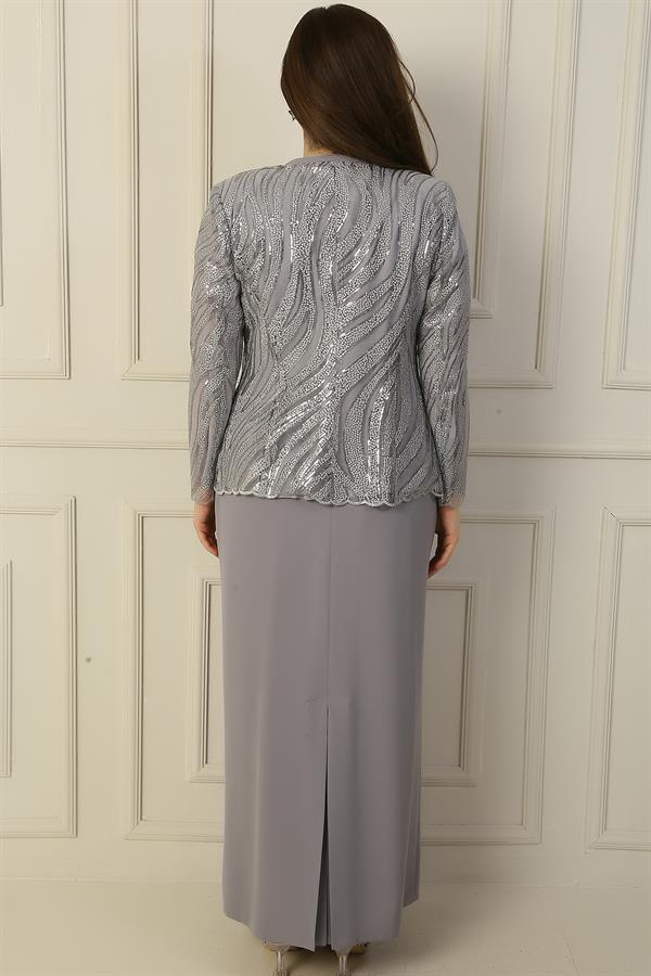 Robe longue à manches demi-lune avec veste en tulle brodée de perles et de sequins, doublée, ensemble deux pièces grande taille