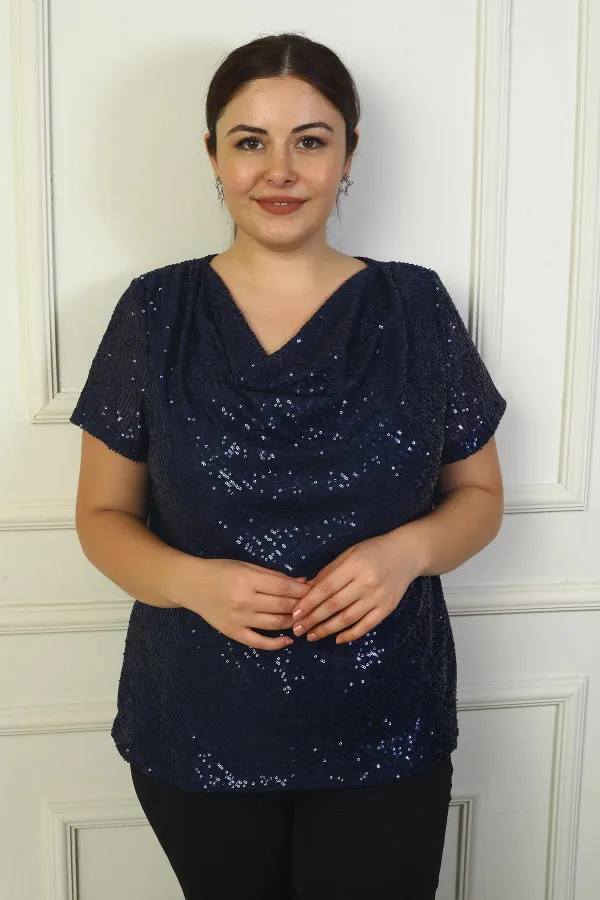 Kadın Degaje Yaka Astarlı Pulpayet Büyük Beden Bluz