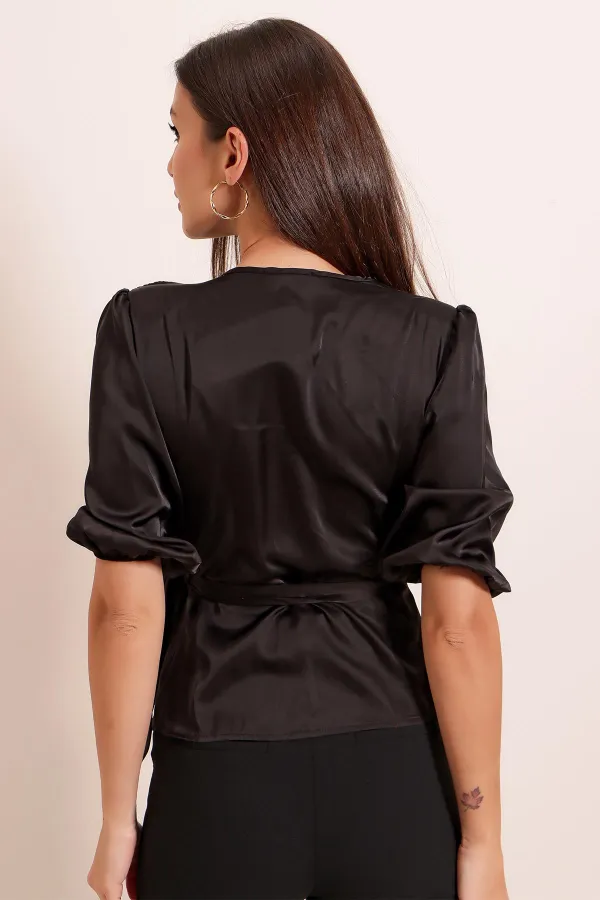 Three Quarter Sleeve Satin Blouse with Side Tie