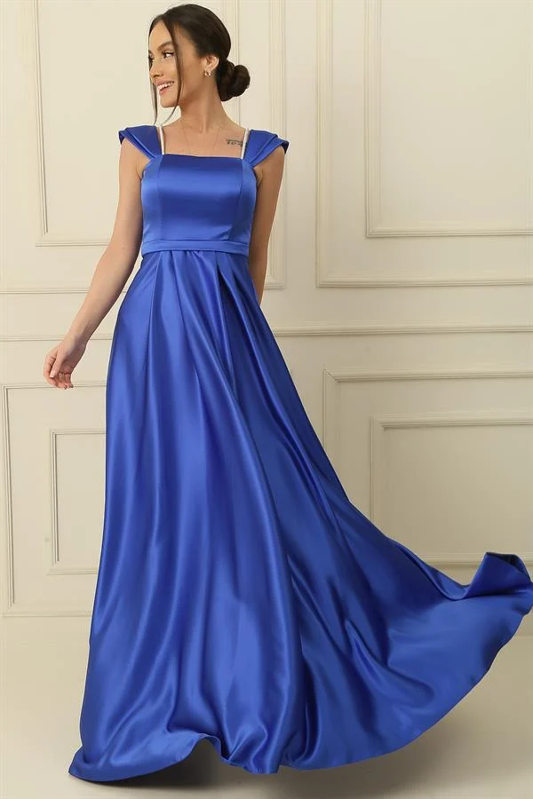 Strappy, Stone-Detailed, Square Neck, Lined Long Satin Dress