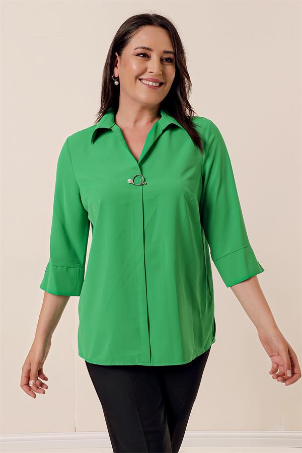 Polo Collar Quarter Sleeve Plus Size Blouse
