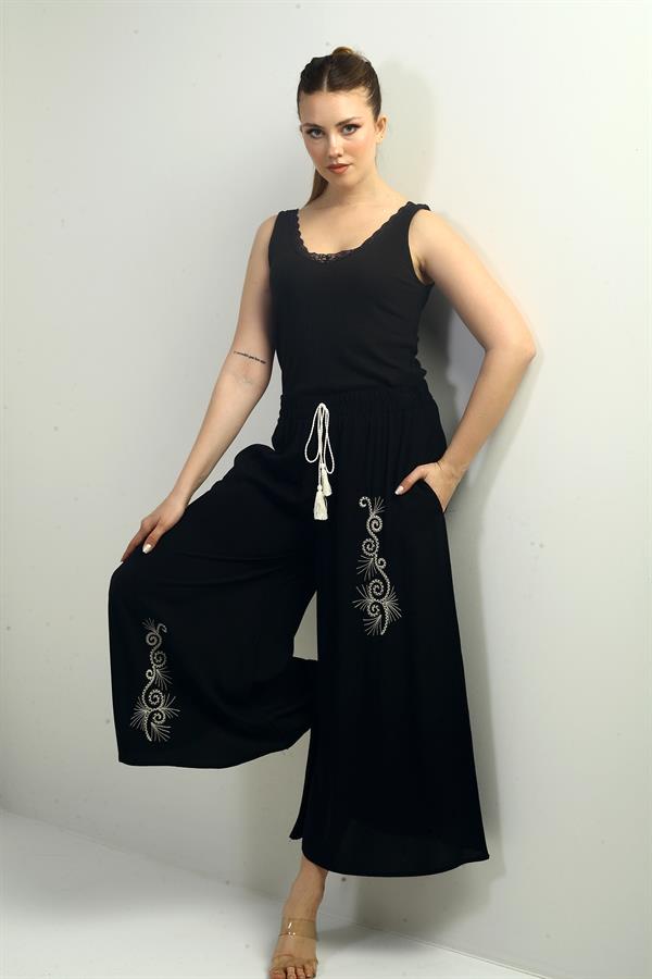 Kadın Beli Lastikli Cepli Nakış Detaylı Palazzo Pantolon