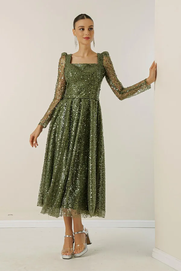 Square Neck Long Sleeve Lined Sequin Beaded Dress